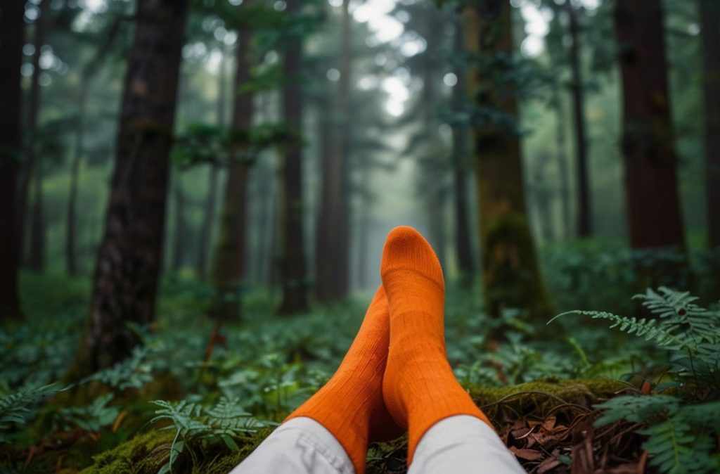 KI-generiertes Symbolbild: Füße mit nachhaltigen Socken auf dem Waldboden
