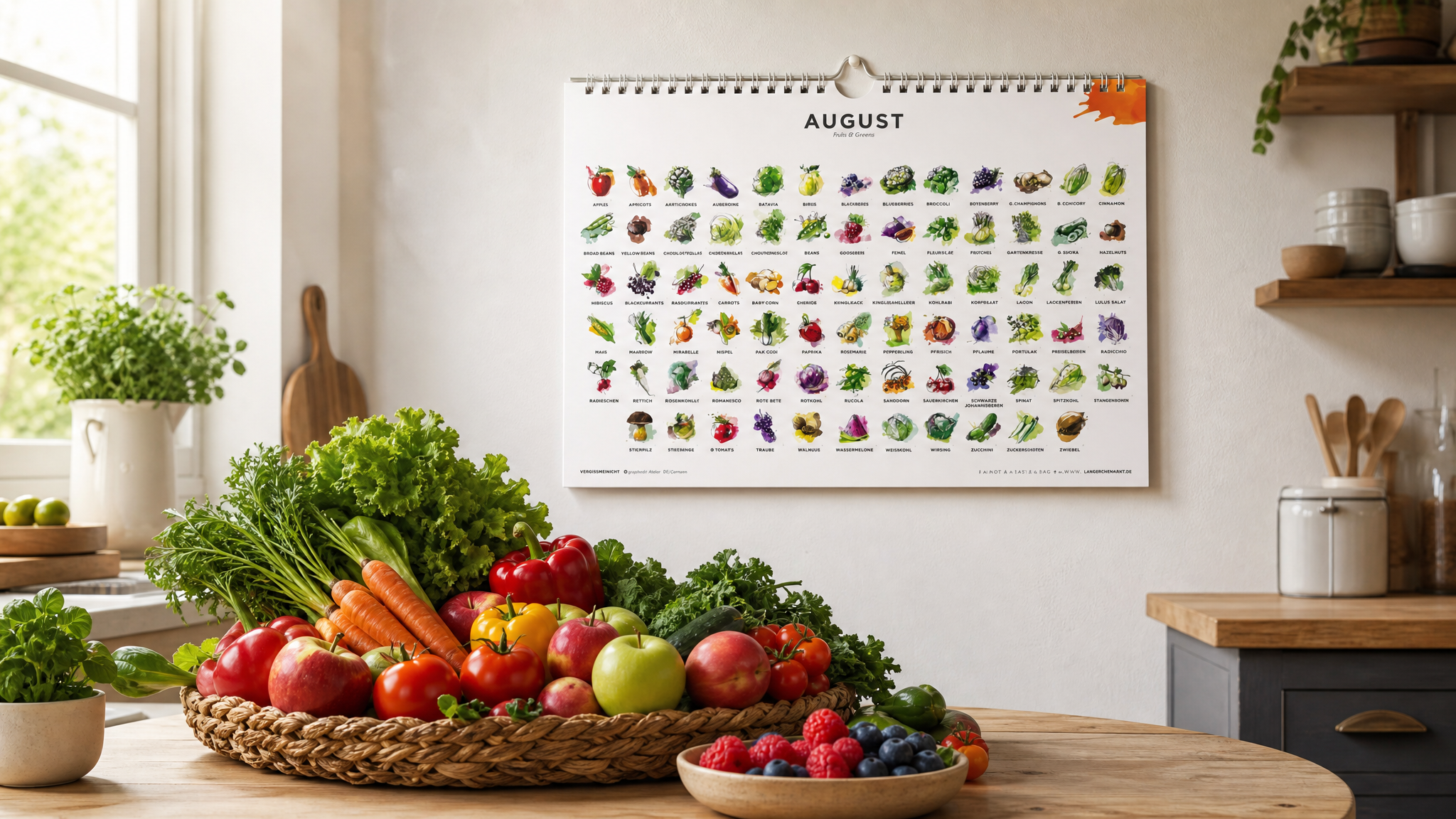 KI modifiziertes Bild: Saisonkalender an Küchenwand vor frischem Gemüse und Obst