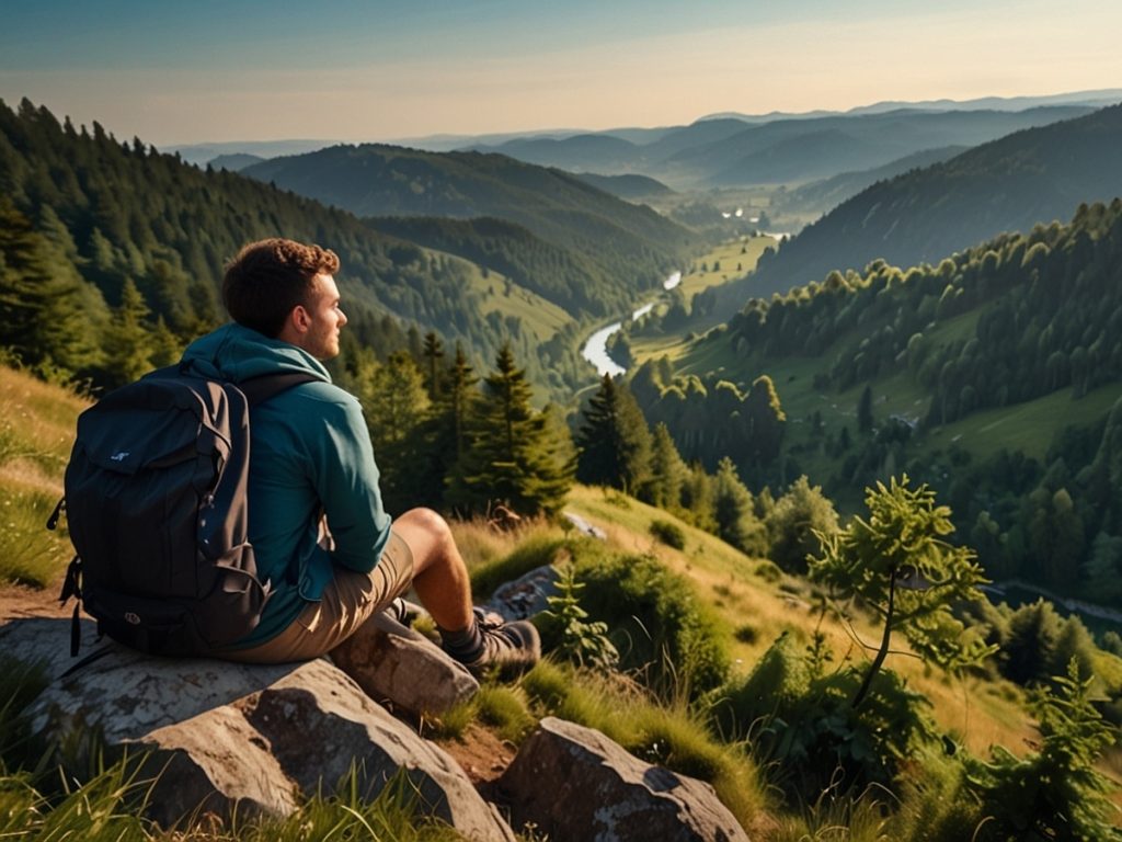 KI-generiertes Symbolbild: Rucksack Made in Germany; Ein Mann mit einem Rucksack sitzt auf einem Stein in den Bergen und blickt ins Tal