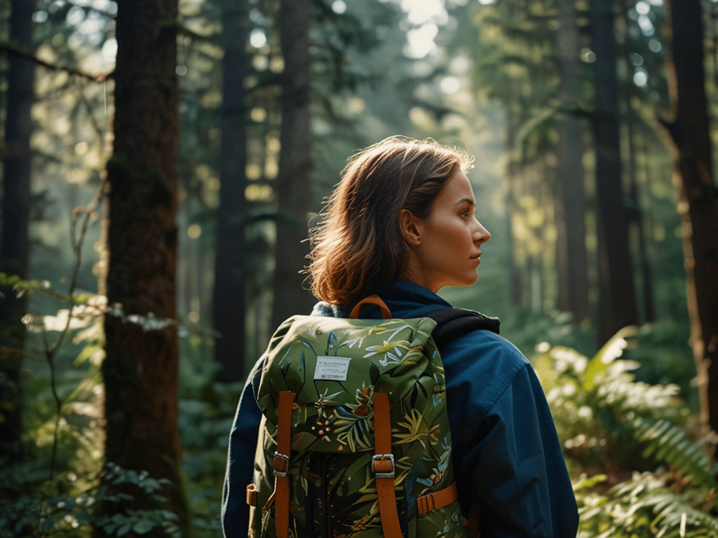 KI-generiertes Symbolbild: Eine Frau mit einem nachhaltigen Rucksack im Wald