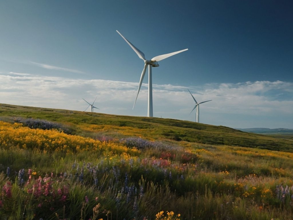 KI-generiertes Symbolbild: nachhaltiger Ökostrom; Windräder in einer schönen Landschaft