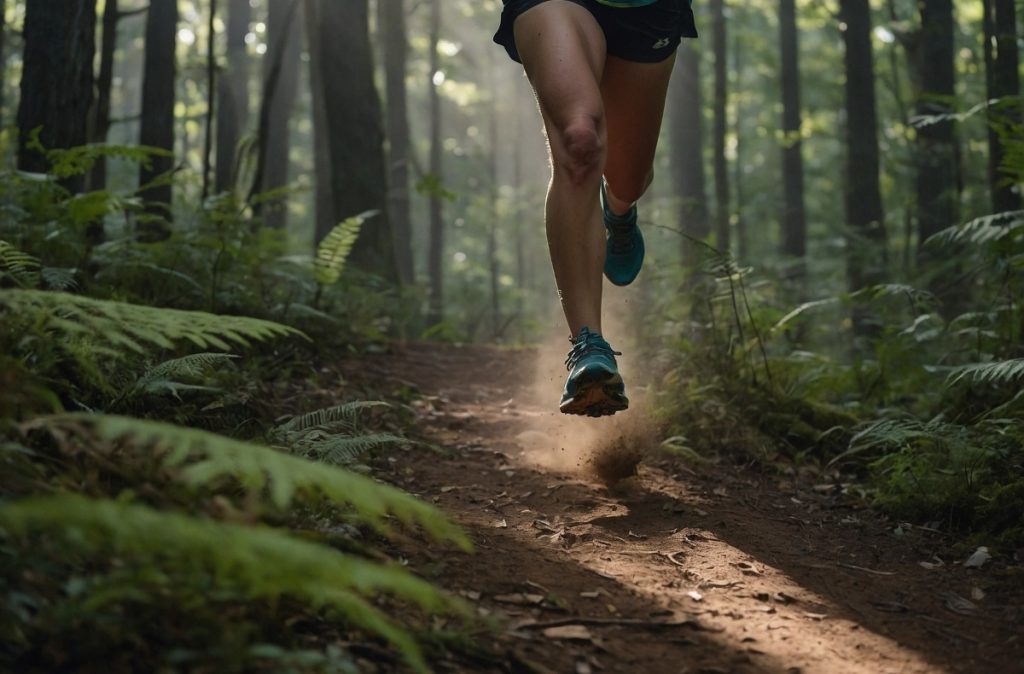 KI-generiertes Symbolbild: nachhaltige Sportschuhe; Ein Läufer joggt durch den Wald