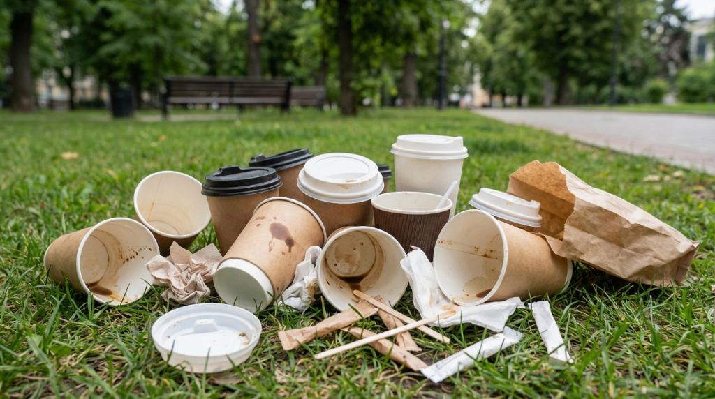 KI-generiertes Symbolbild: Verpackungssteuer: leere Kaffeebecher und Verpackungen im Stadtpark