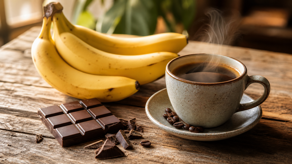 KI-generiertes Symbolbild: fairer handel. Kaffee, Banane, Schokolade auf einem Holztisch