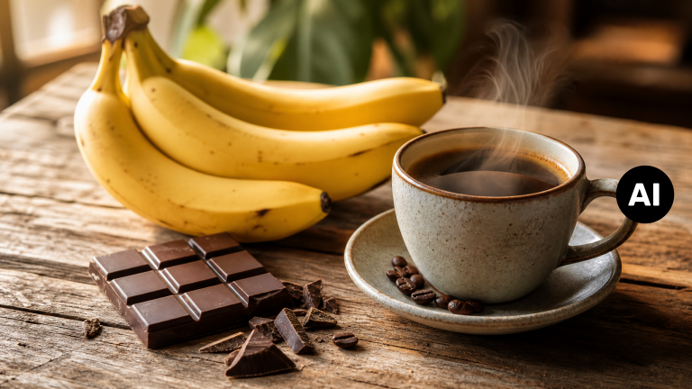 KI-generiertes Symbolbild: fairer handel. Kaffee, Banane, Schokolade auf einem Holztisch